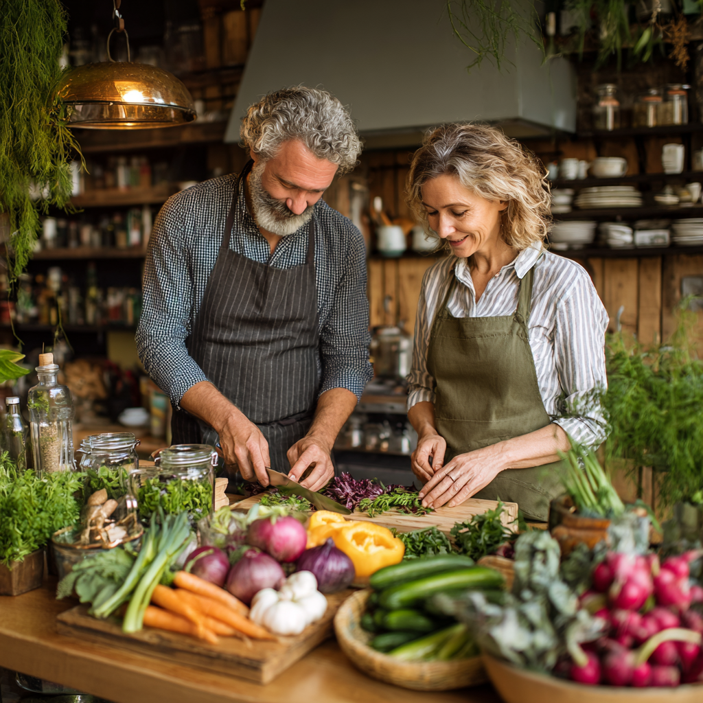 Middle-aged adults preparing heart-healthy natural foods with herbs and vegetables