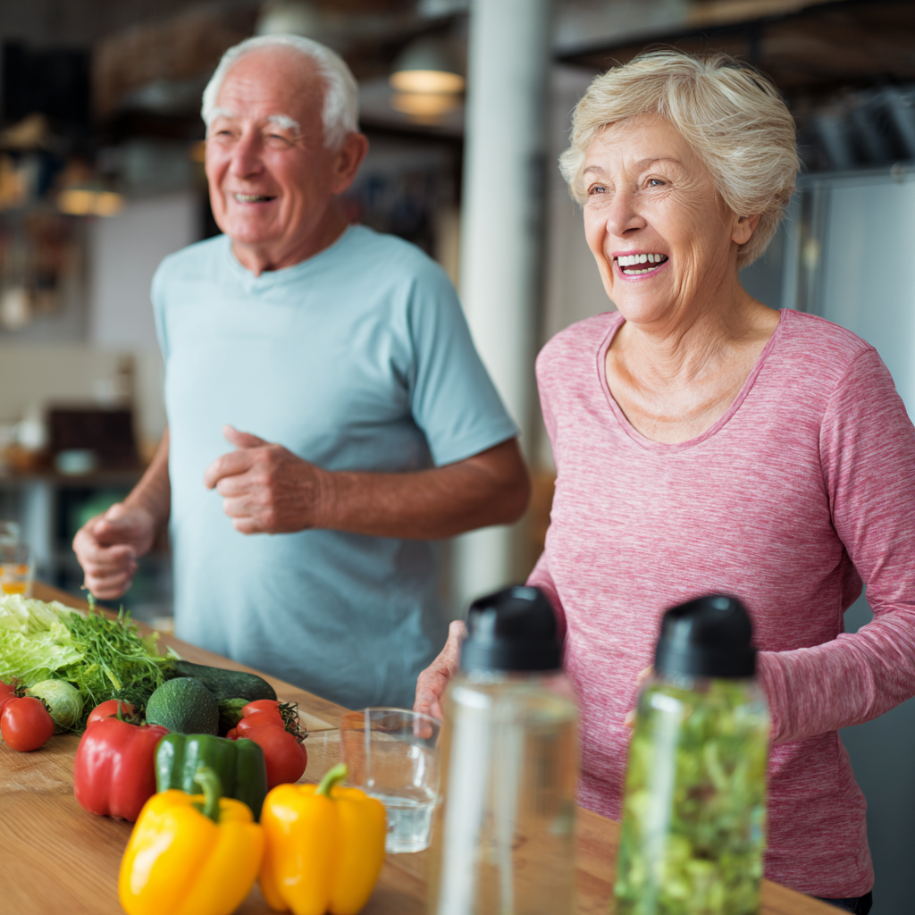 Older adults engaging in healthy activities like walking and preparing nutritious meals